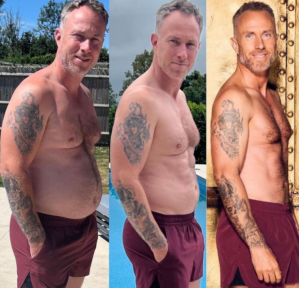 James Jordan shirtless weight loss transformation three side by side comparison photos