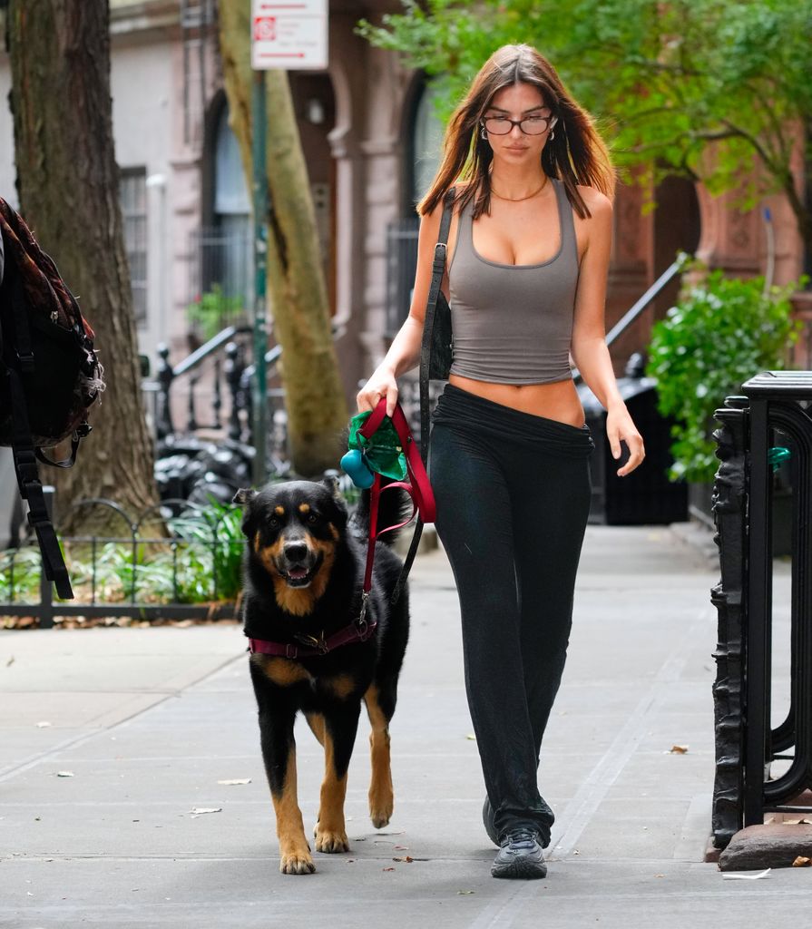 Emily Ratajkowski walking her dog in leggings and tank top