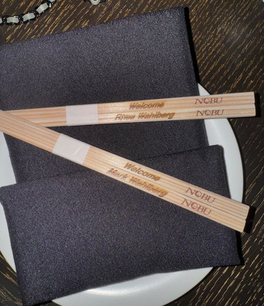 Mark Wahlberg and Rhea Durham's custom chopsticks for the family's Thanksgiving dinner at Nobu, Las Vegas, shared on Instagram