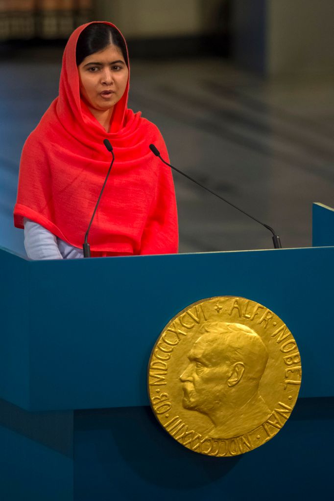 Malala Yousafzai delivers her acceptance speech during the Nobel Peace Prize Award ceremony in 2014