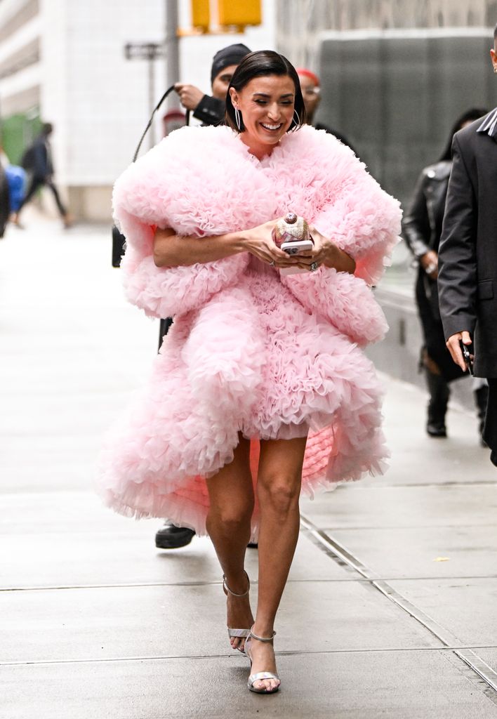 Bronwyn Newport is seen wearing a pink Tule Christian Sirian dress outside the Christian Sirian show during NYFW F/W 2025 on February 6, 2025 in New York City.