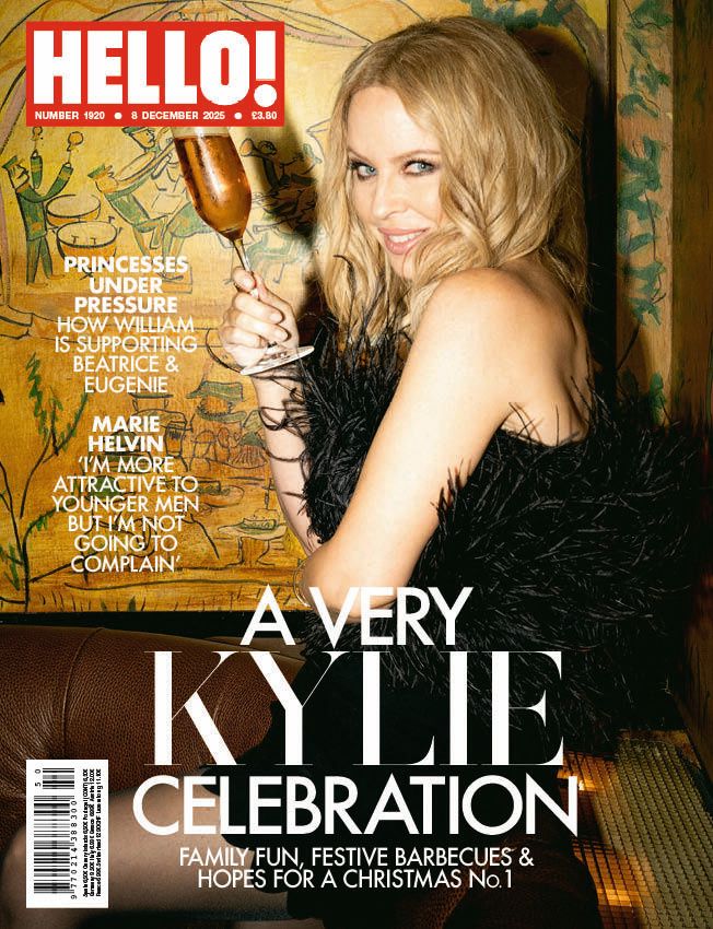 HELLO! Magazine cover with Kylie Minogue wearing a feather dress and holding a champagne glass