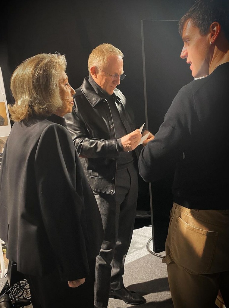 Photo shared by Salma Hayek on Instagram March 2024 featuring her husband François-Henri Pinault backstage at the Alexander McQueen show in Paris with new creative director Séan McGirr.