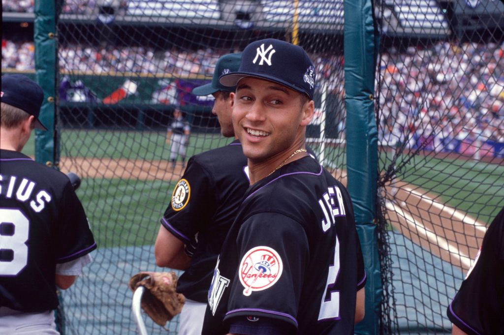 American League All-Star Derek Jeter #2 of the New York Yankees looks on during the 1998 All-Star Game at Coors Field on July 6, 1998 in Denver, Colorado