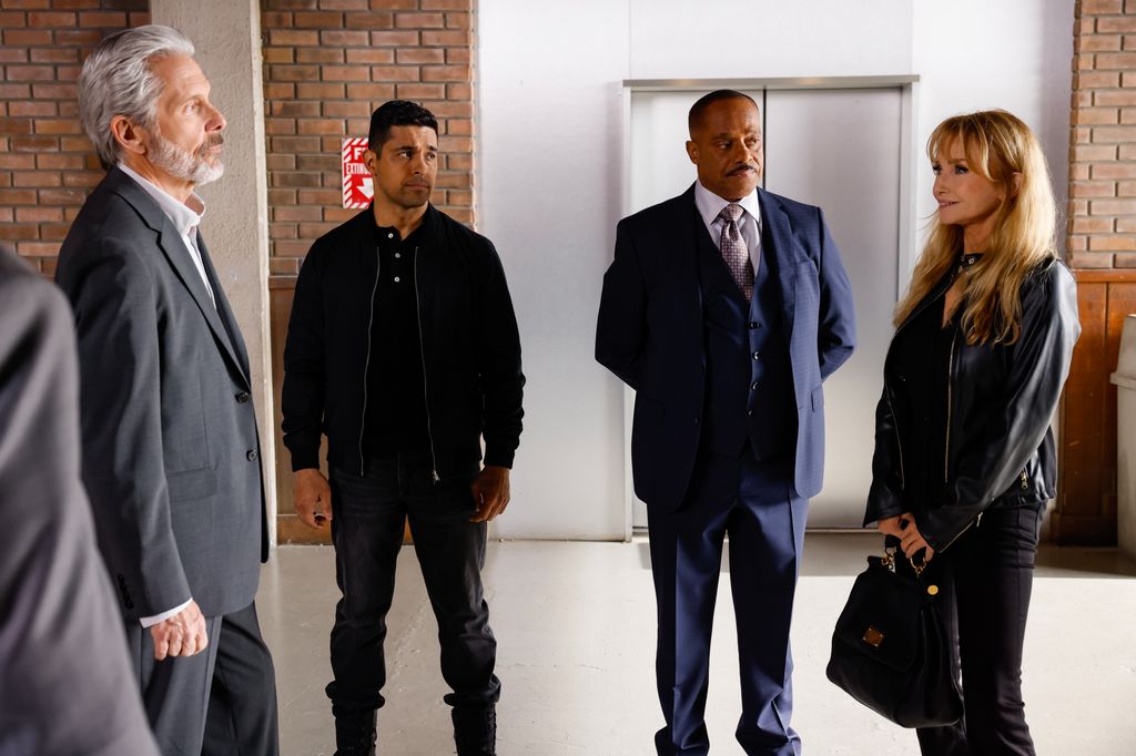 Gary Cole as NCIS Special Agent Alden Parker, Wilmer Valderrama as NCIS Special Agent Nicholas "Nick" Torres, Rocky Carroll as NCIS Director Leon Vance, and Rebecca De Mornay as Carla Marino on NCIS