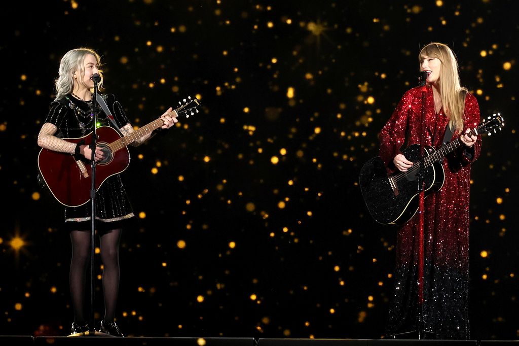 Phoebe Bridgers was with Taylor Swift on stage when the Anti-Hero singer took a moment to show off her new necklace from Phoebe's collab with Catbird
