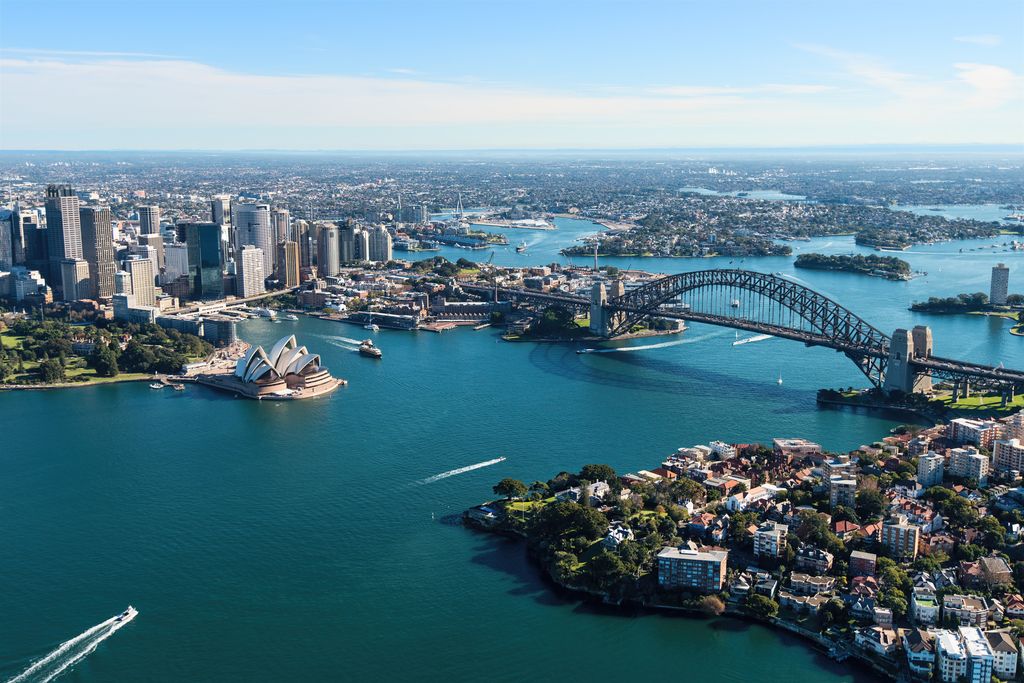 Aerial view of Sydney Harbour featuring the Sydney Opera House and Sydney Harbour Bridge
