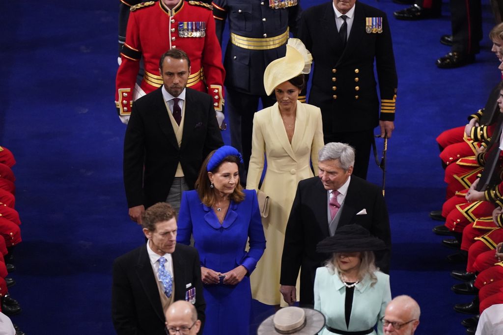 James Middleton and Pippa Matthews with their parents Michael and Carole Middleton arrive for the coronation 