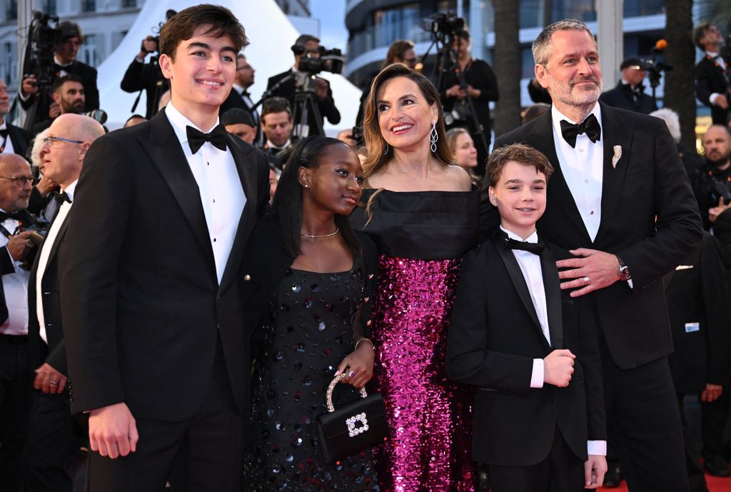 Miklos Friedrich Hermann, Amaya Josephine Hermann, US director Mariska Hargitay, Andrew Nicolas Hermann and Peter Hermann arrive for the screening of the film "My Mom Jayne: a Film by Mariska Hargitay" at the 78th edition of the Cannes Film Festival in Cannes, southern France, on May 17, 2025