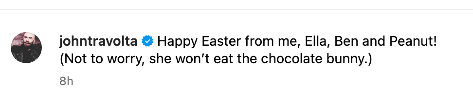 The Grease star reassured fans Peanut wouldn't be eating the chocolate 