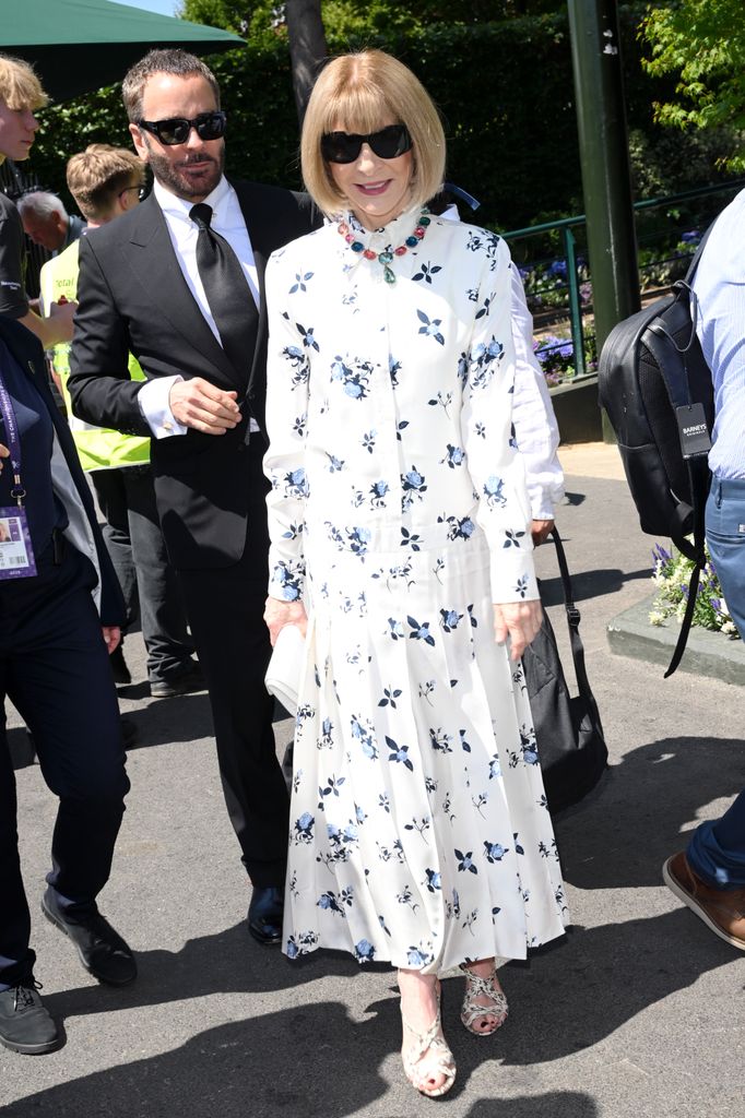 Tom Ford and Anna Wintour attend day twelve of the Wimbledon Tennis Championships at the All England Lawn Tennis and Croquet Club at All England Lawn Tennis and Croquet Club on July 11, 2025 in London, England.