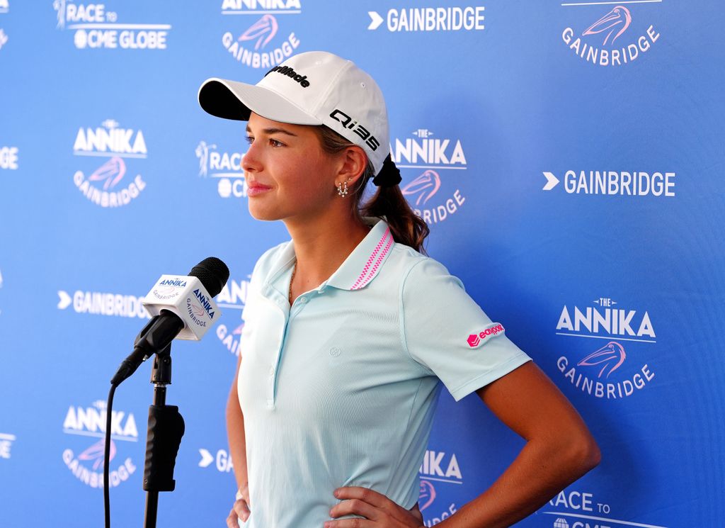 Kai Trump speaks to the media after finishing her second round during The Annika driven by Gainbridge at Pelican on November 14,  2025, at the Pelican Golf Club in Belleair, Florida.  (Photo by Brian Spurlock/Icon Sportswire via Getty Images).