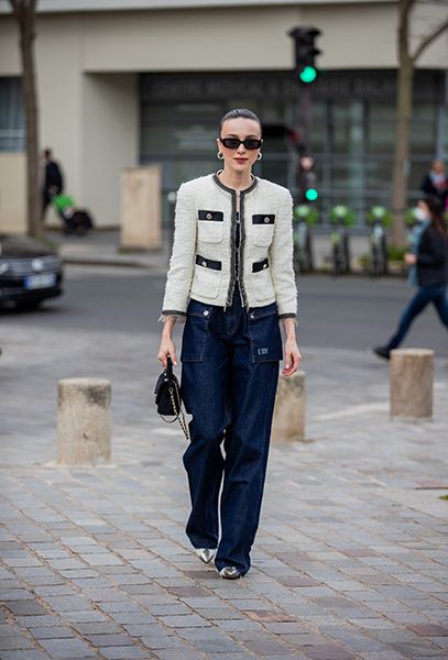 Woman Wearing Dark Denim Jeans With Tweed Jacket