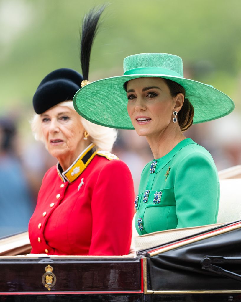 Queen Camilla and Princess Kate look on at Trooping the Colour