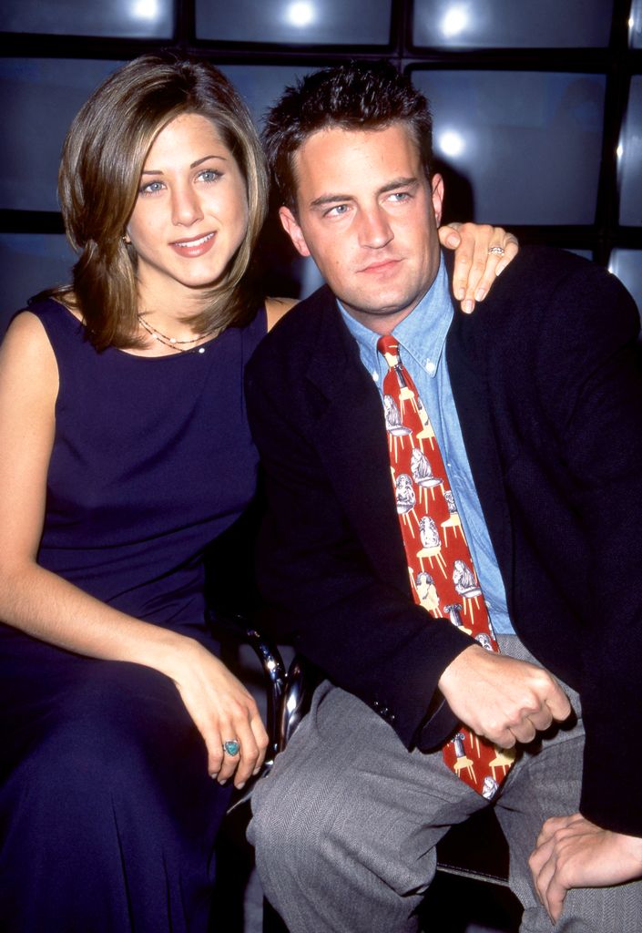 American actress and producer, Jennifer Aniston and Canadian-American actor, comedian and producer, Matthew Perry of the television comedy, Friend's, attend the 1995 NBC Fall Preview circa 1995 at the Lincoln Center in New York, New York.