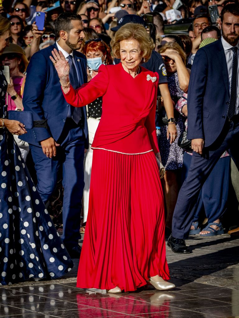 Queen Sofia at the Wedding of Princess Theodora of Greece and Matthew Kumar at the Cathedral of the Annunciation in Athens, Greece, September 28, 2024.
