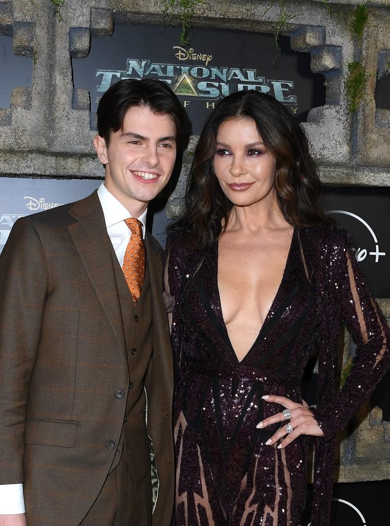 Catherine Zeta-Jones, Dylan Michael Douglas arrives at the Disney+ Original Series "National Treasure: Edge Of History" Red Carpet Event at El Capitan Theatre on December 05, 2022 in Los Angeles, California