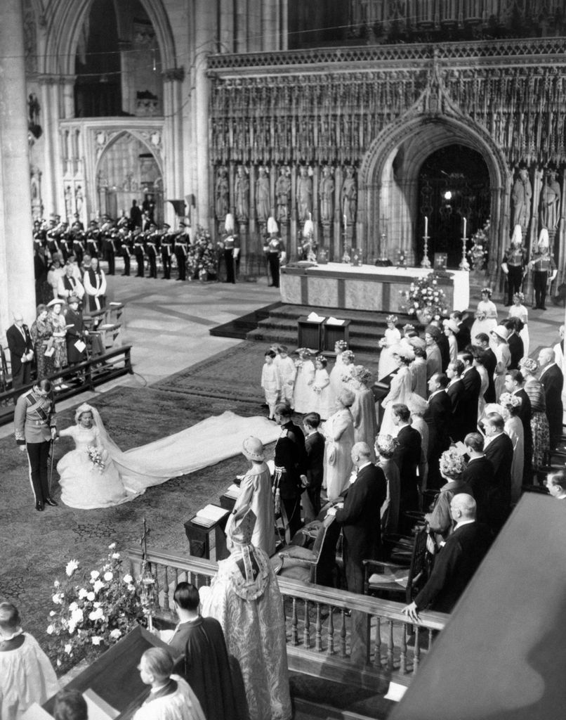 The new Duchess of Kent curtsies in front of The Queen, during her wedding to the Duke of Kent at York Minster.