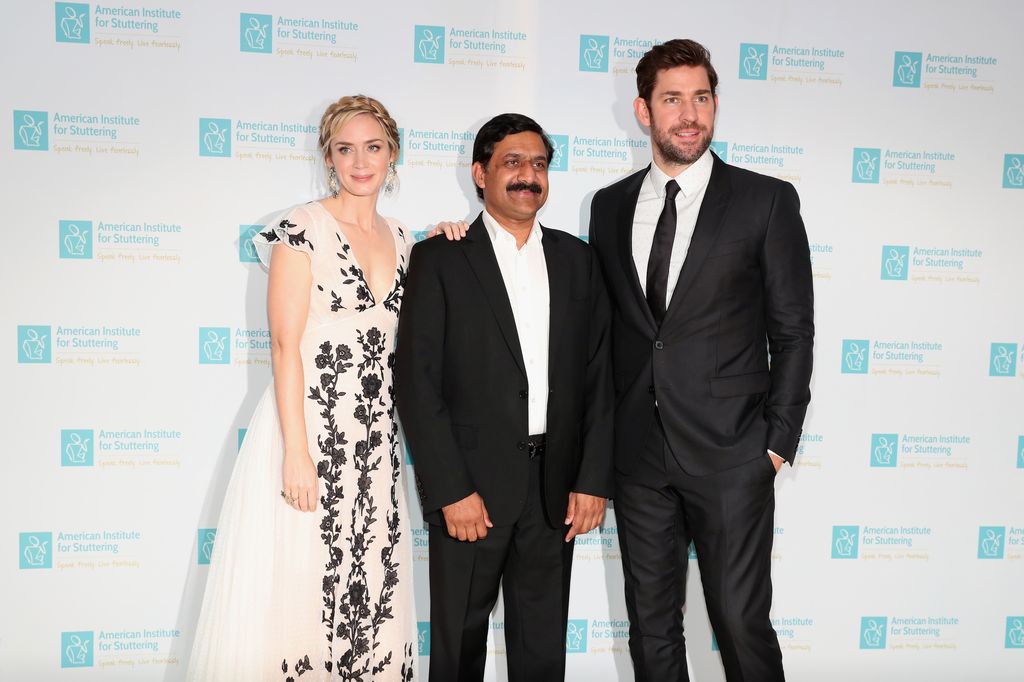 Emily Blunt, Freeing Voices Changing Lives Award recipient Ziauddin Yousafzai, and actor John Krasinski attend the American Institute for Stuttering 12th Annual Freeing Voices Changing Lives Benefit Gala at Gustavino's on July 9, 2018 in New York City