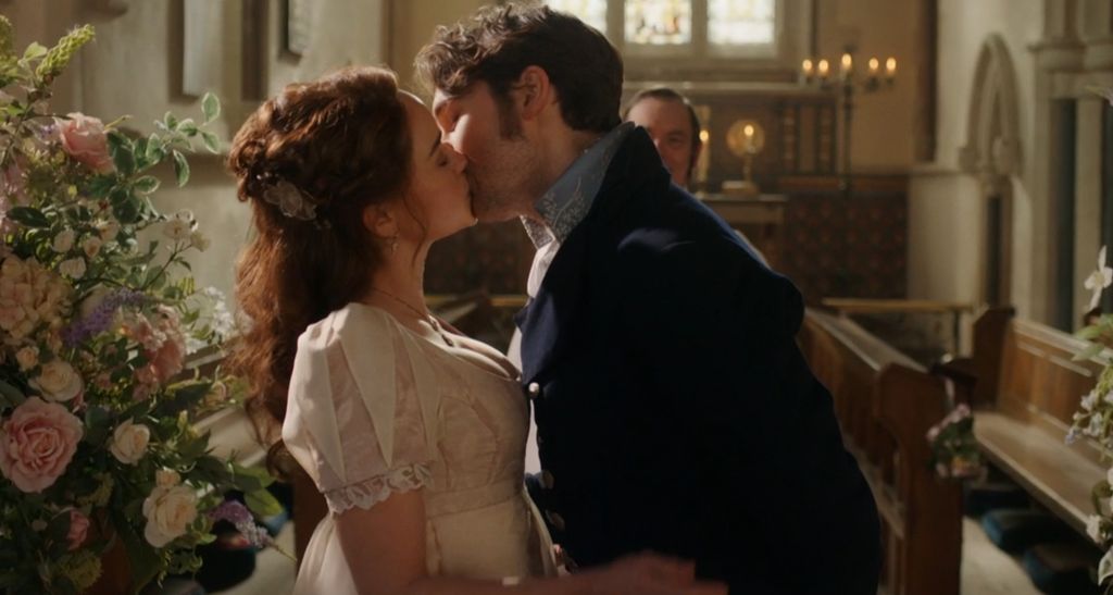 Charlotte Heywood and Alexander Colbourne kiss at wedding