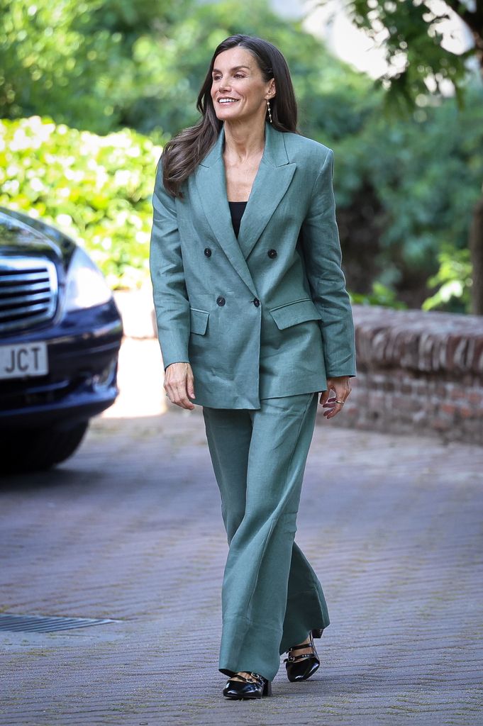 Queen Letizia, in a loose forest coloured linen suit, attends a meeting of the Board of Trustees of the Students Residence (Residencia de Estudiantes) on June 05, 2025 in Madrid, Spain.