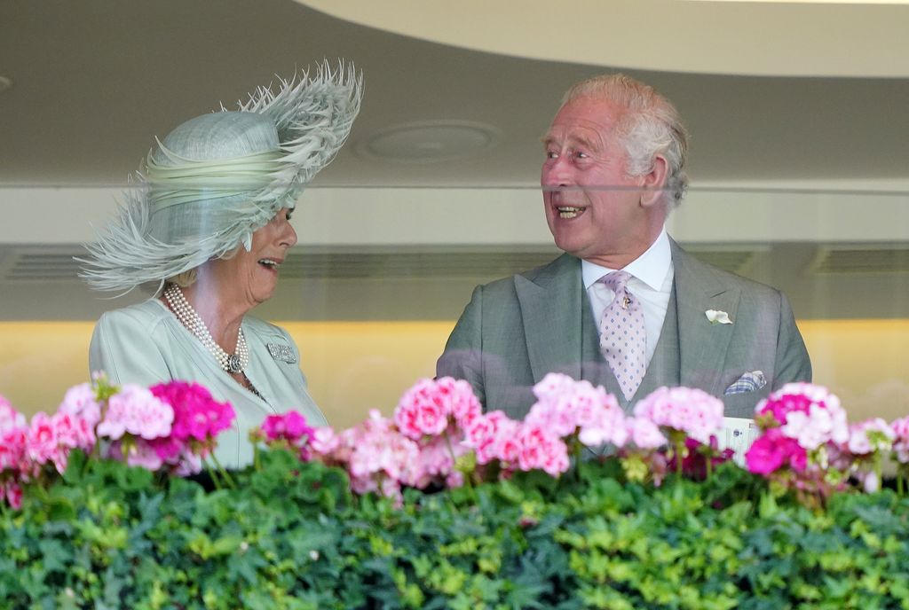 King Charles III and Queen Camilla celebrate after the King's horse, Desert Hero wins at Ascot