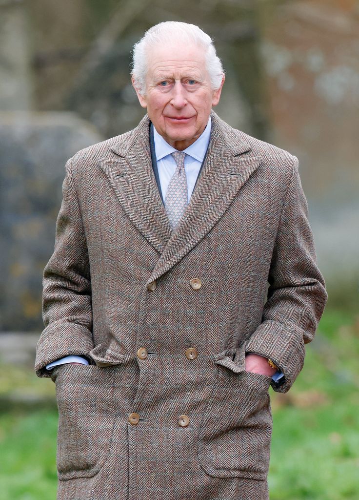 King Charles III attends the Sunday service at the Church of St Mary the Virgin, close to the Sandringham Estate on January 26, 2025 in Flitcham, England