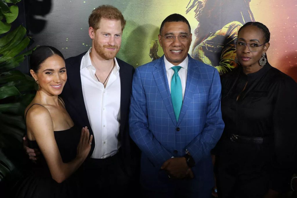 Meghan Markle and Prince Harry with Jamaican Prime Minister of Jamaica Andrew Holness and his wife, Juliet Holness. 