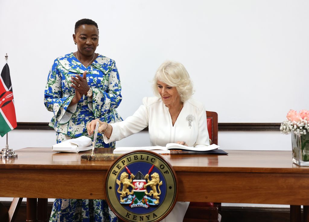 Queen Camilla and Rachel Ruto, first lady of the Republic of Kenya during bilateral meeting  at State House
