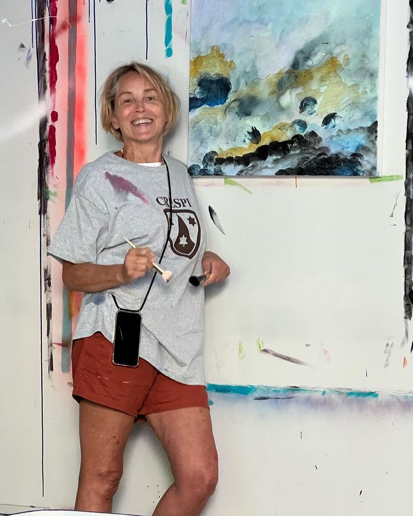 sharon stone makeup free while painting