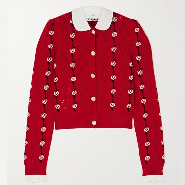 Miu Miu cardigan with white collar and rose design