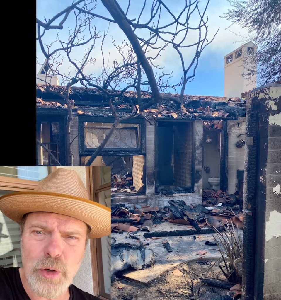 Photo from a video shared by Rainn Wilson November 2011 documenting the damage of the fires in Ventura County, which partly destroyed his home