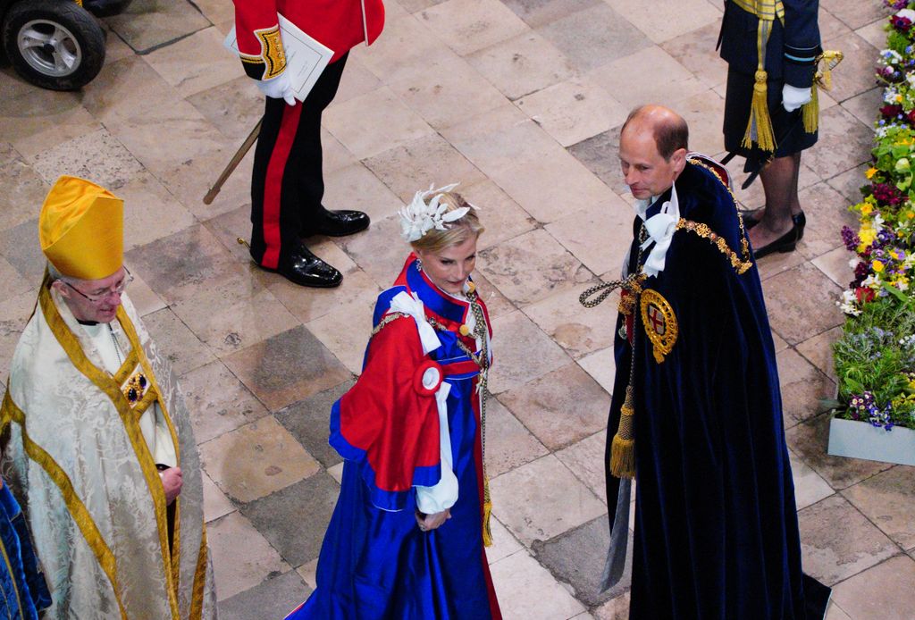 Prince Edward, Duke of Edinburgh, and Sophie, Duchess of Edinburgh, arrive for the Coronation of King Charles III and Queen Camilla at Westminster Abbey on May 6, 2023 in London, England. 