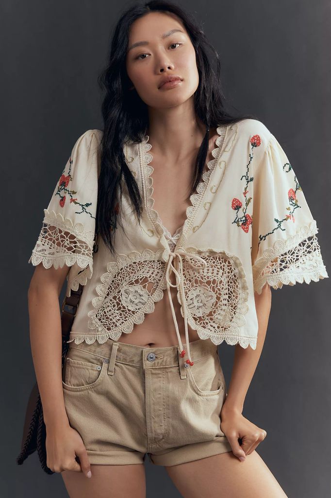 Tie-Front Embroidered Kimono