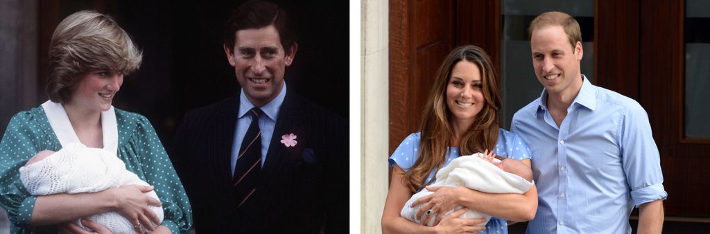 Diana and Kate in spotty dresses with husbands holding babies