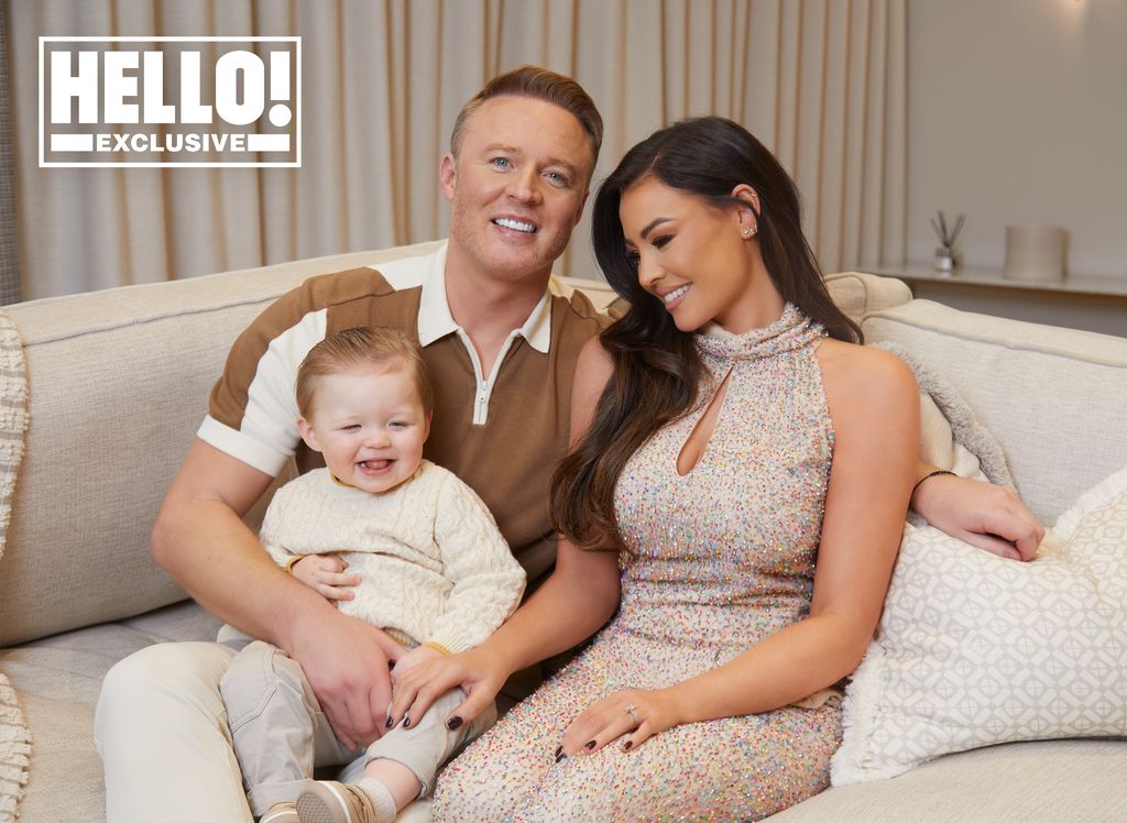 Jess Wright poses at home with husband William Lee-Kemp and son Presley