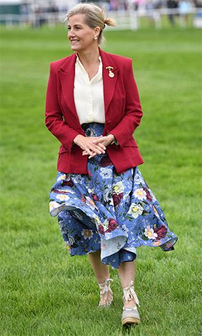 sophie wessex wears a floral dress and red blazer