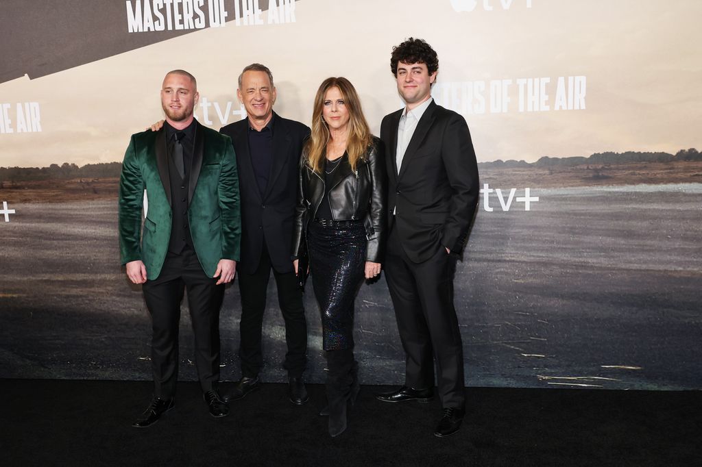 Chet Hanks, Tom Hanks, Rita Wilson, and Truman Hanks attend the world premiere of Apple TV+'s "Masters Of The Air" at Regency Village Theatre on January 10, 2024 in Los Angeles, California.