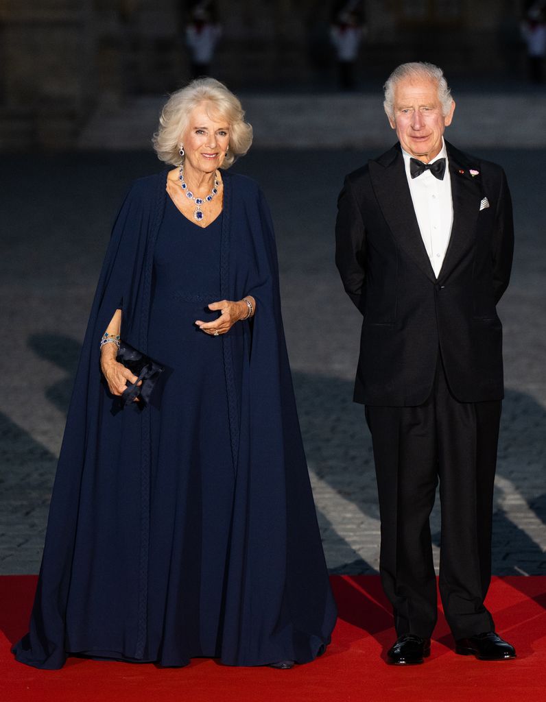 Queen Camilla and King Charles III attend a state banquet at the Palace of Versailles, hosted by President and Madame Macron, on September 20, 2023 in Versailles, France.