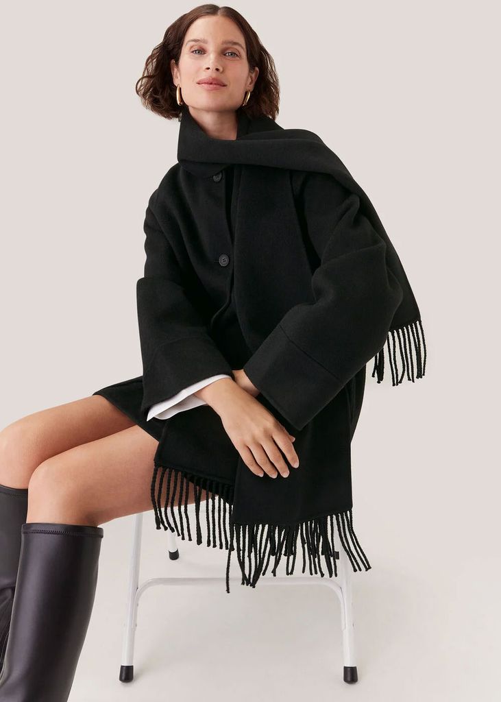 Black Double Face Wool Fringe Coat