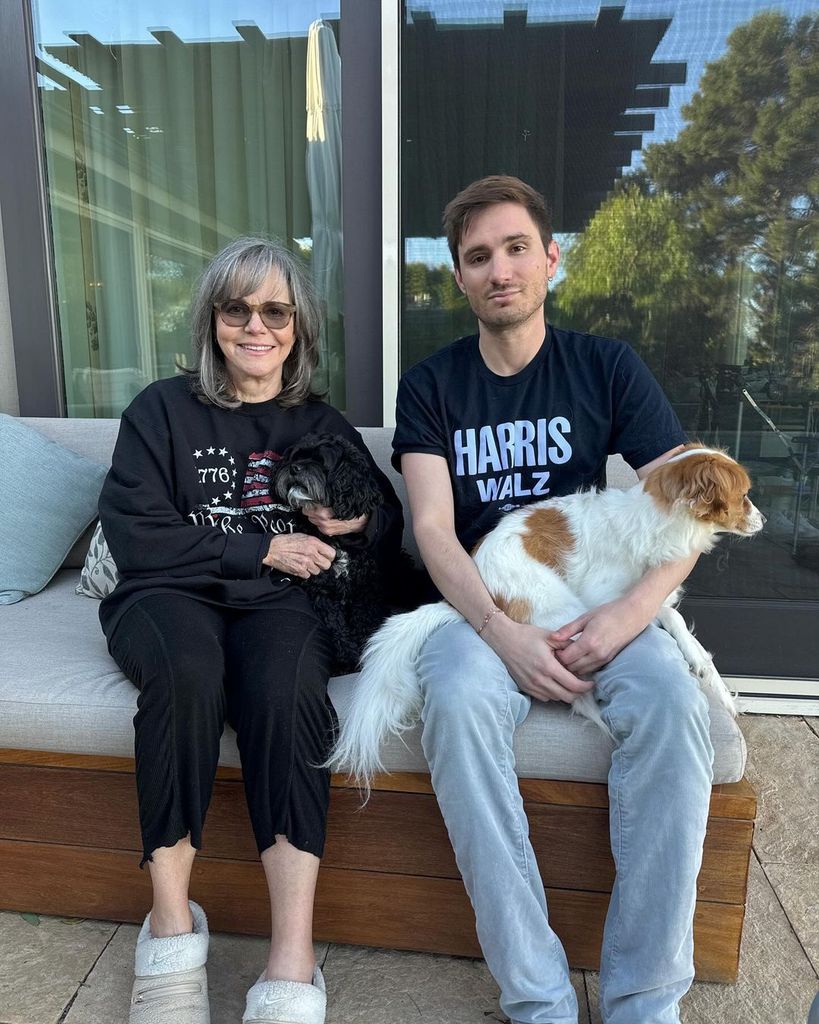 Sally Field poses for picture on bench with son Sam Griesman