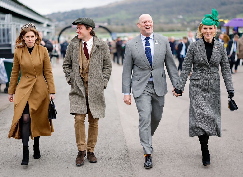 Princess Beatrice, Edoardo Mapelli Mozzi, Mike Tindall and Zara Tindall walking in coats or suits