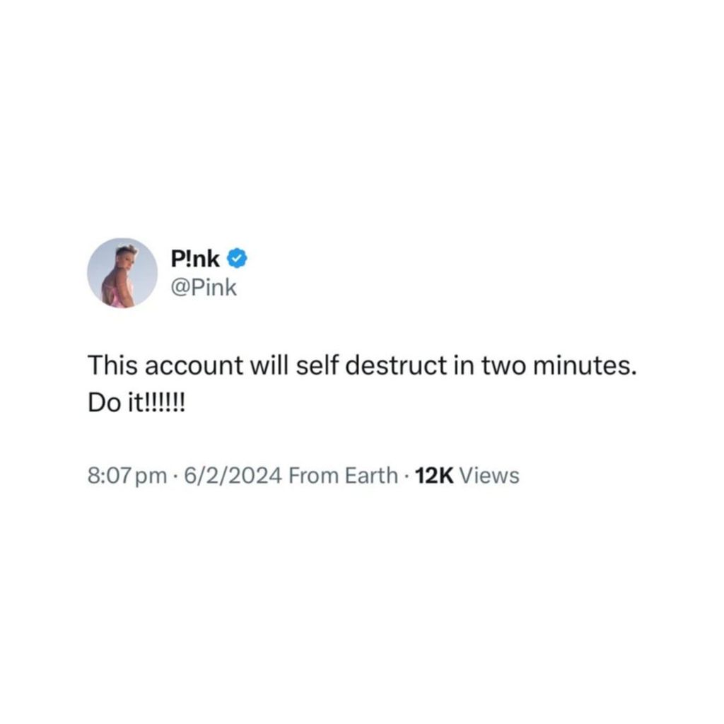 Pink shares a screenshot of her last post on Twitter before announcing her departure from the platform