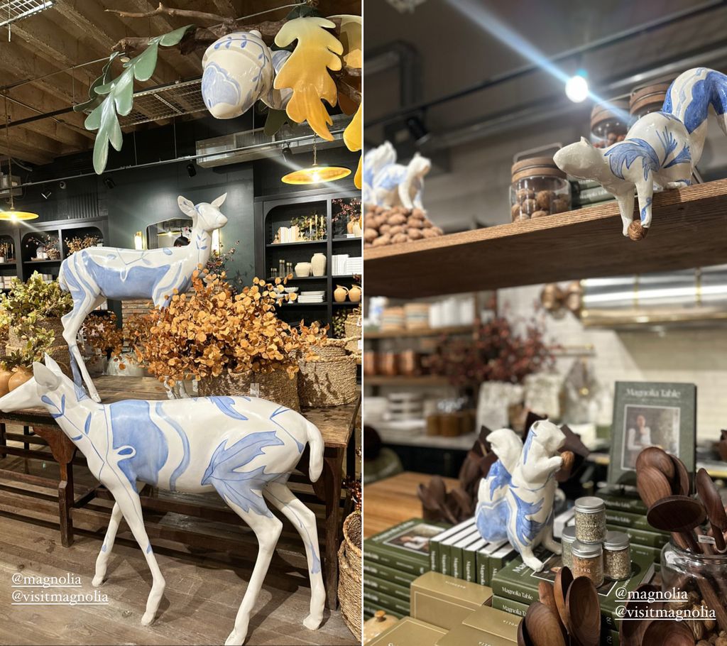 Ceramic deer and squirrels sit among the shelves at Magnolia Silos 