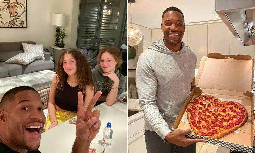 Michael Strahan's twins in his New York apartment eating pizza