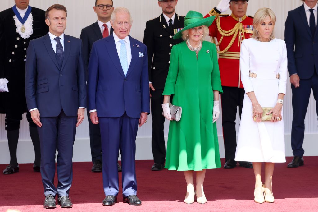 President of France, Emmanuel Macron, King Charles III, Queen Camilla and Brigitte Macron on the Royal Dais 