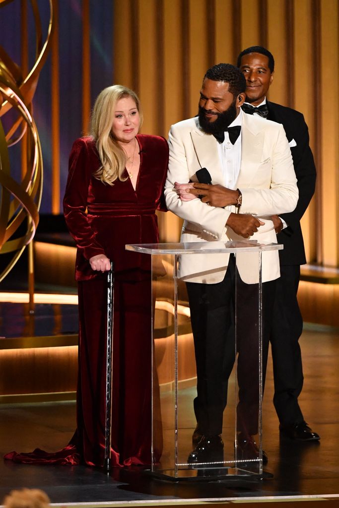 Anthony Anderson and Christina Applegate speak onstage during the 75th Emmy Awards at the Peacock Theatre at L.A. Live in Los Angeles on January 15, 2024