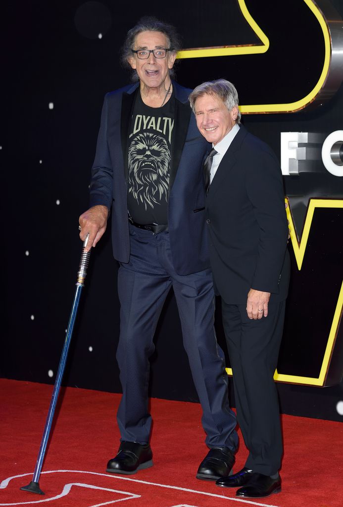 LONDON, ENGLAND - DECEMBER 16:  Peter Mayhew and Harrison Ford attend the European Premiere of "Star Wars: The Force Awakens" at Leicester Square on December 16, 2015 in London, England.  (Photo by Karwai Tang/WireImage)