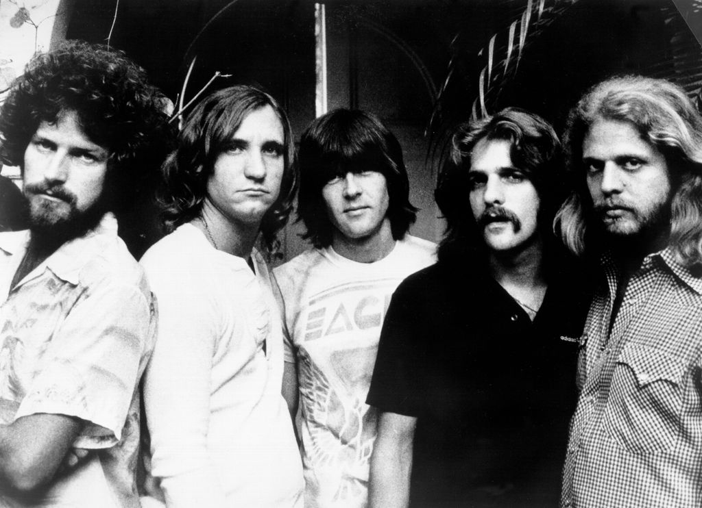 Don Henley, Joe Walsh, Randy Meisner, Glenn Frey and Don Felder of the rock band "Eagles" pose for a portrait in 1977. (Photo by Michael Ochs Archives/Getty Images)