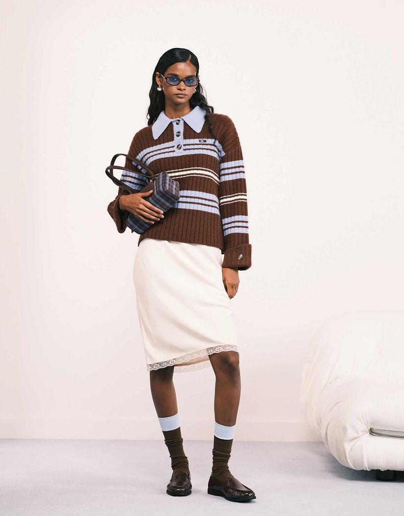 LAAGAM graz polo knit in contrast blue and brown stripe